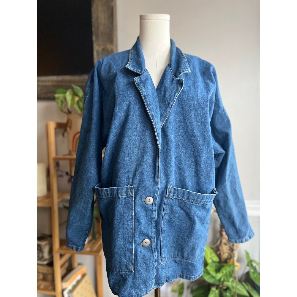 Vintage 90s Denim Collared Chore Jacket Size Large Utility Workwear